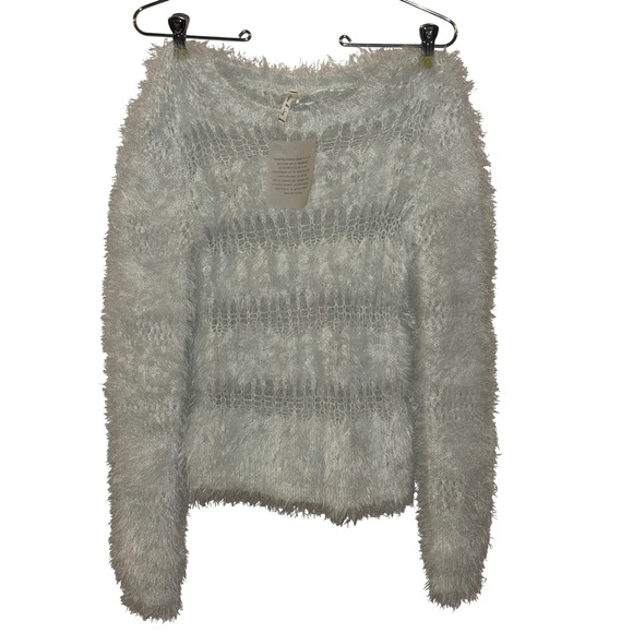 Sweaters - New Light Blue Shaggy Eyelash Knit Striped Open Weave Fuzzy Sweater Women Small